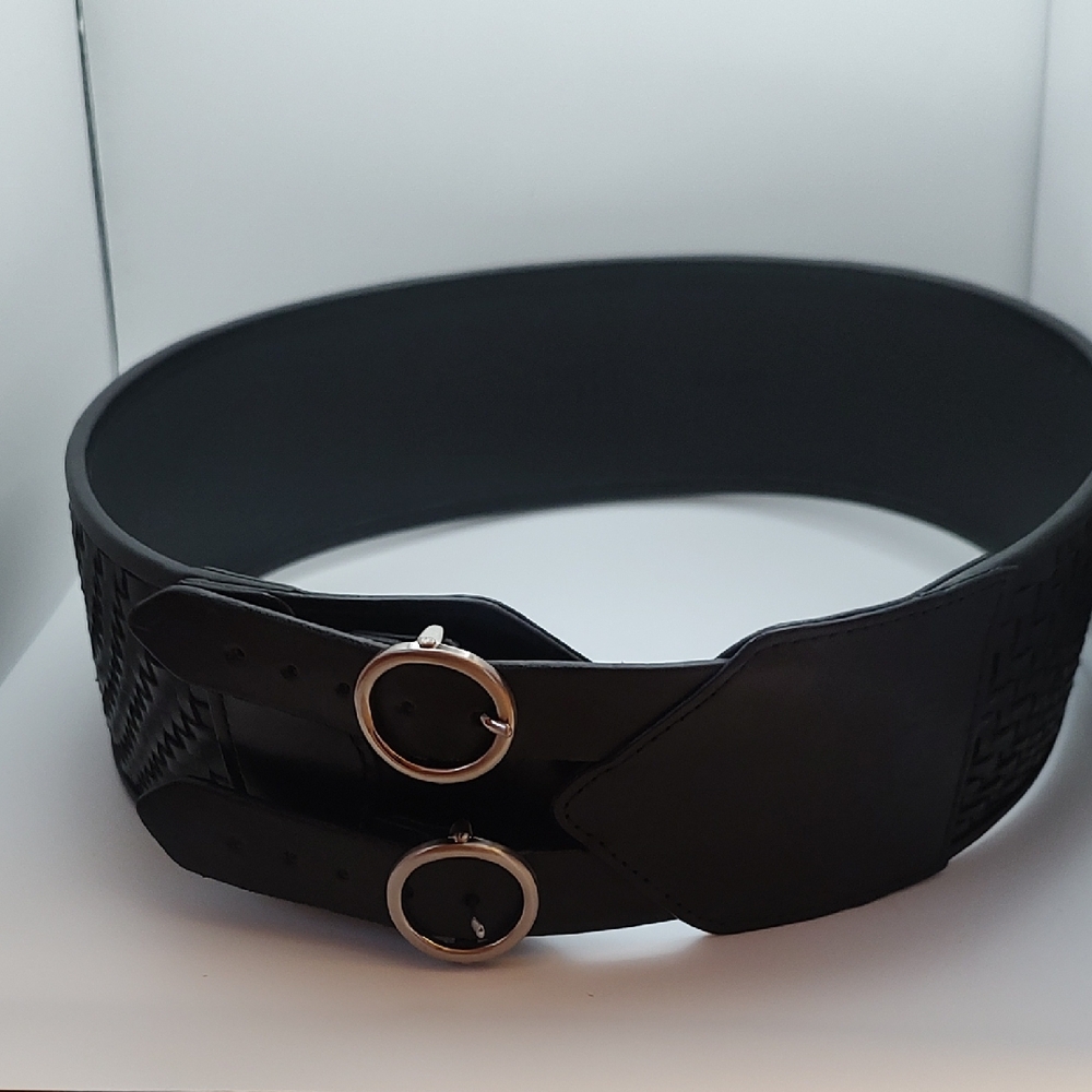 Cole Haan Elegant Black Leather Woven Double-Buckle Belt Size 31 - 33